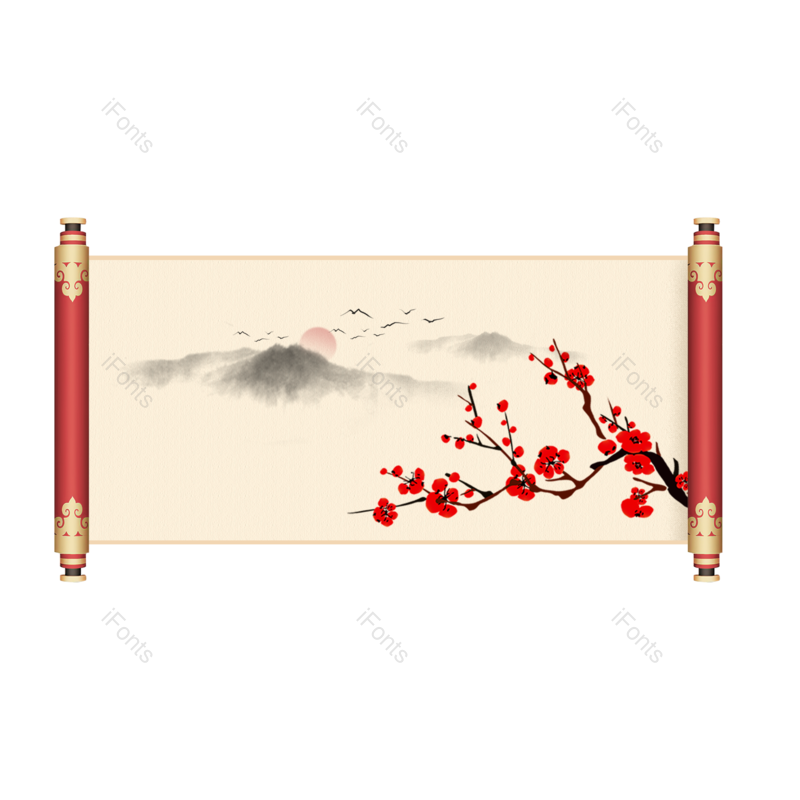 水墨图片,梅花元素,卷轴PNG,手绘免抠素材
